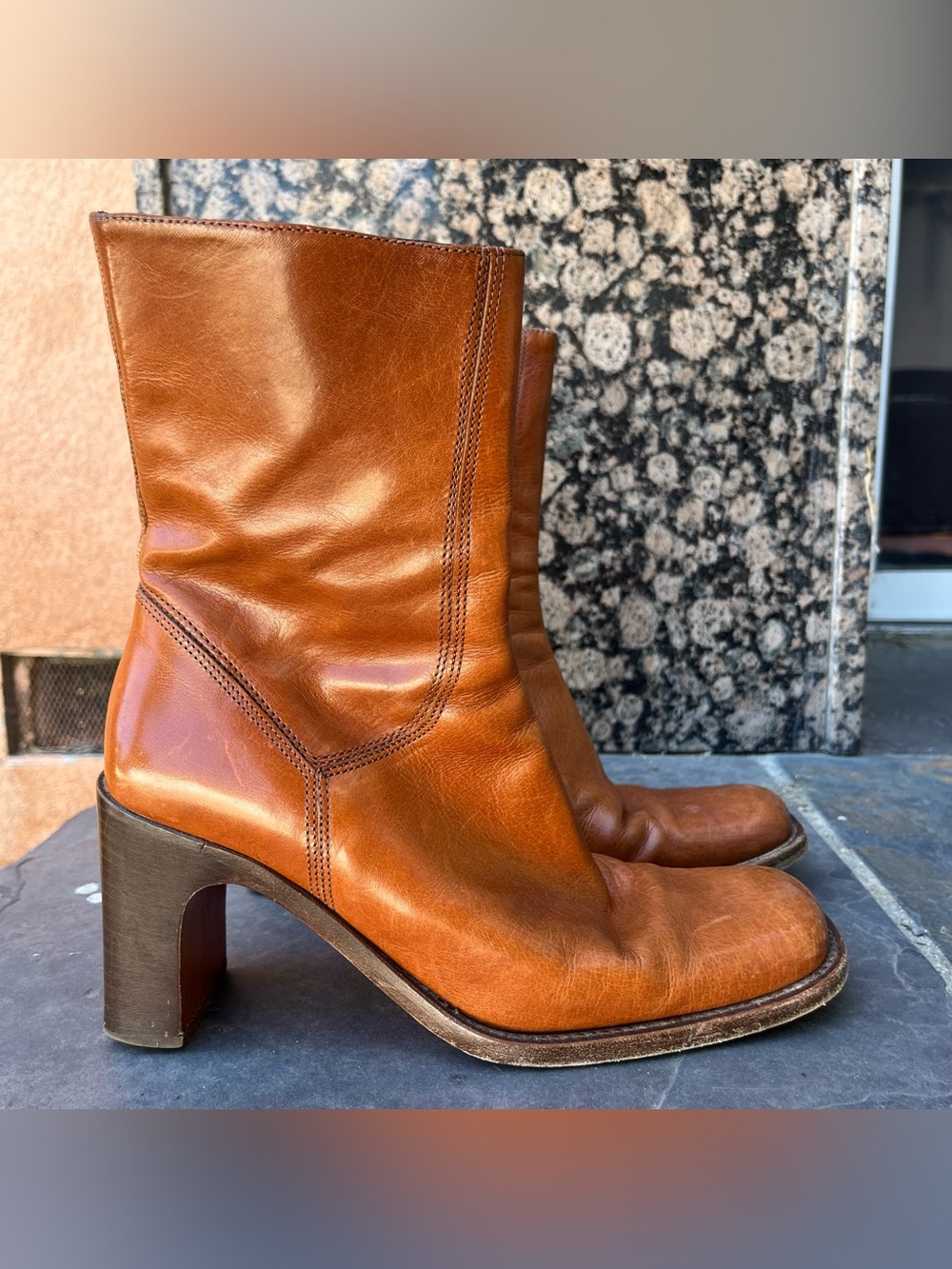 Vintage 90s Charles David by Nathalie M Tan Square Toe Leather Boots.